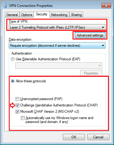 Select CHAP in VPN connection properties